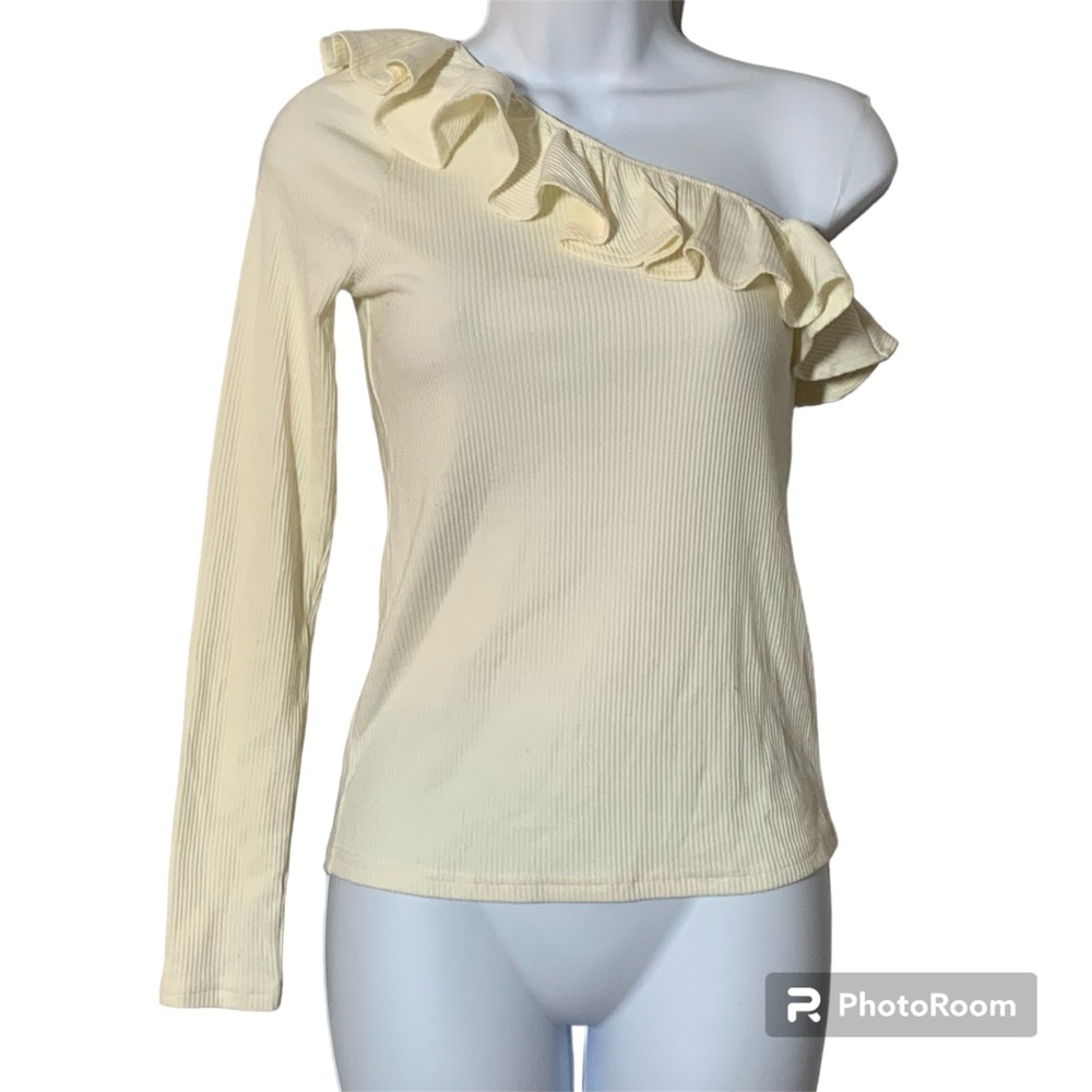 J Crew NWT cream ruffled one sleeve asymmetrical blouse  in vintage ribbed XS